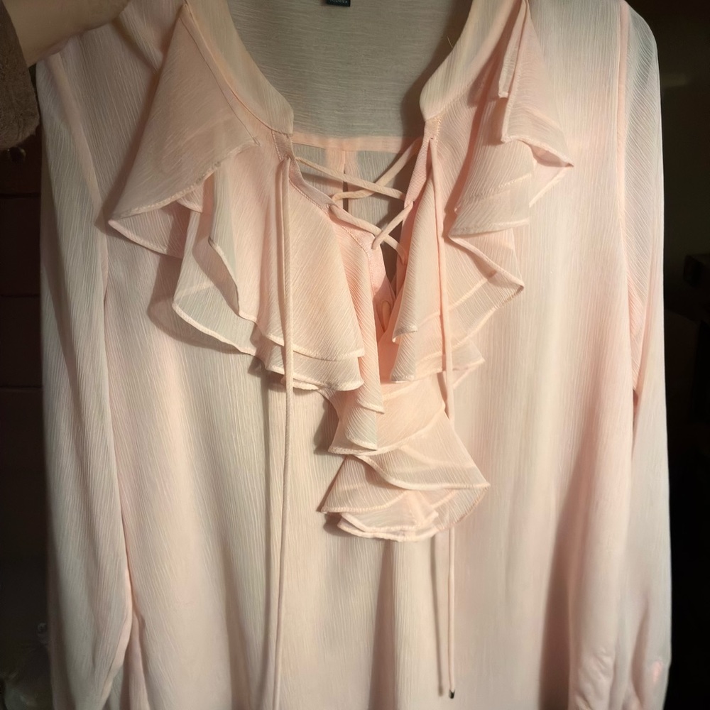 Women Tommy Hilfiger pink blush sheer ruffle blouse elegant size L